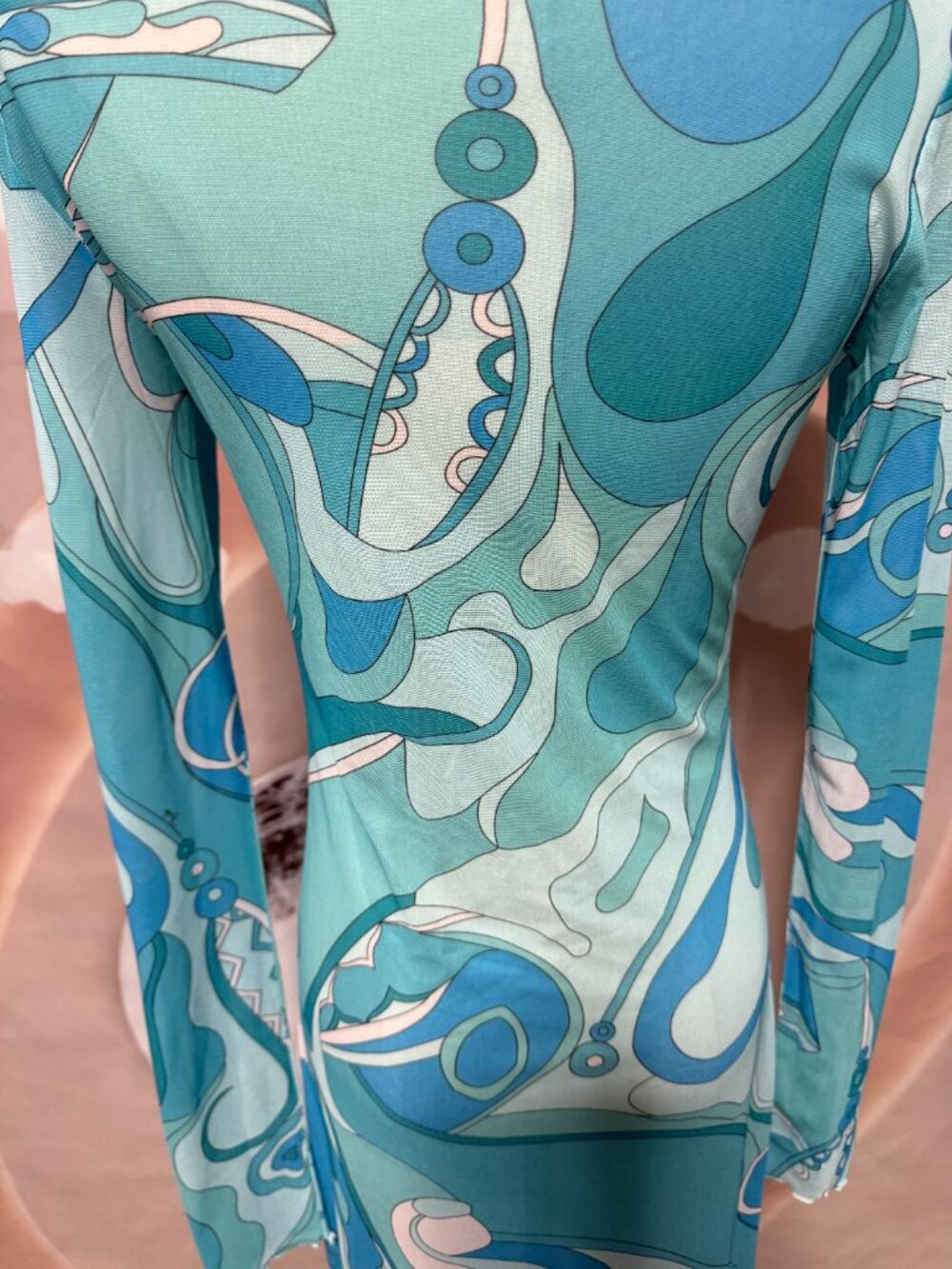 Emilio Pucci Turquoise Swirl-Print Tulle Long-Sleeve Dress - Picture 8 of 13